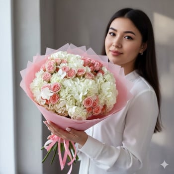 Букет из белых гортензий и розовых роз Букет из белых гортензий и розовых роз